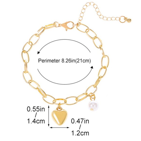3/$35 Gold Plated Heart Charm Bracelet with Pearl Dainty Chain Link Jewelry - Picture 4 of 6